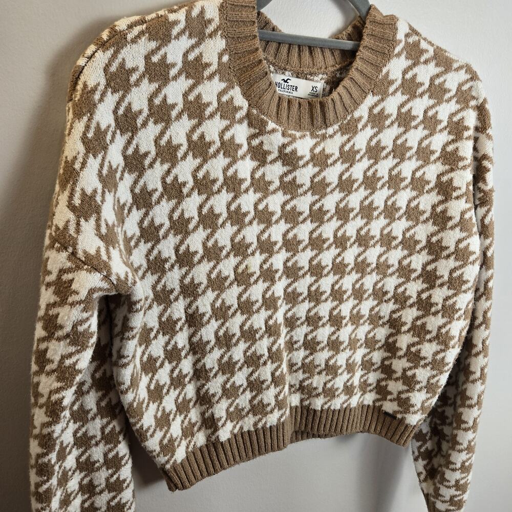 Hollister Houndstooth Dark Tan and Ivory Cropped Sweater XS Preppy Classic Sexy - Picture 2 of 7